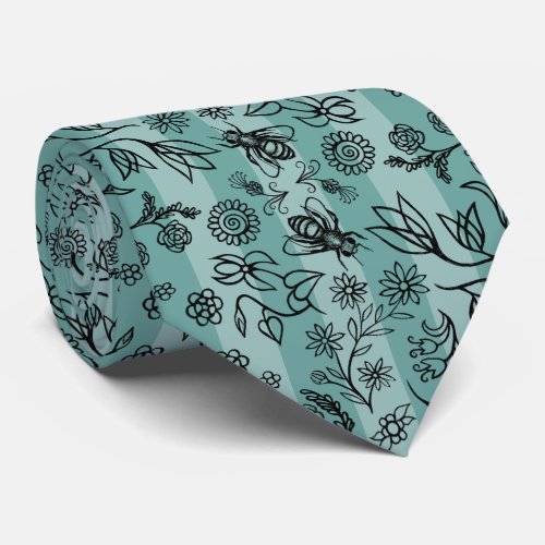 Honey Bees  Flowers Floral Pattern Sage Green Neck Tie