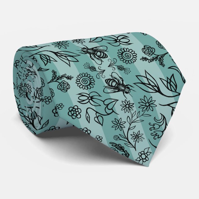 Honey Bees & Flowers Floral Pattern Sage Green Neck Tie (Rolled)