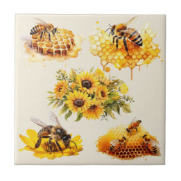 HONEY BEES FLOWERS HONEYCOMB |  Ceramic Tile