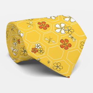 Honey Bees flowers on honey comb, yellow Neck Tie