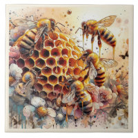 HONEY BEES FLOWERS On HONEYCOMB |  Ceramic Tile