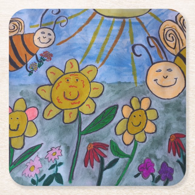 Honey Bees & Flowers Square Paper Coaster (Front)