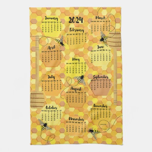 Honey Bees Full Year 2024 Calendar Kitchen Towel
