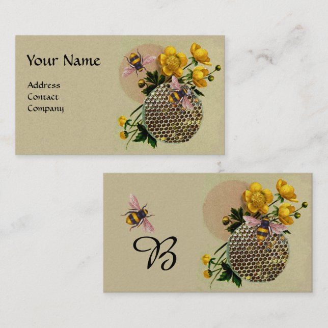 HONEY BEES,HONEYCOMB AND BUTTERCUPS MONOGRAM Pearl Business Card (Front/Back)