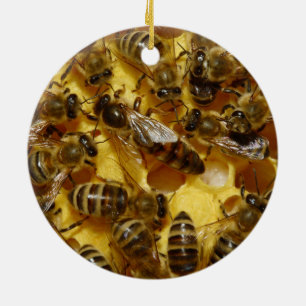 Honey Bees in Hive with Queen in Middle Ceramic Ornament