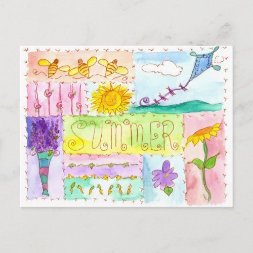 Honey Bees Kite Watercolor Flowers Happy Summer Postcard