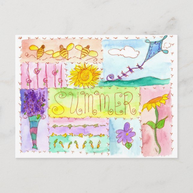 Honey Bees Kite Watercolor Flowers Happy Summer Postcard (Front)