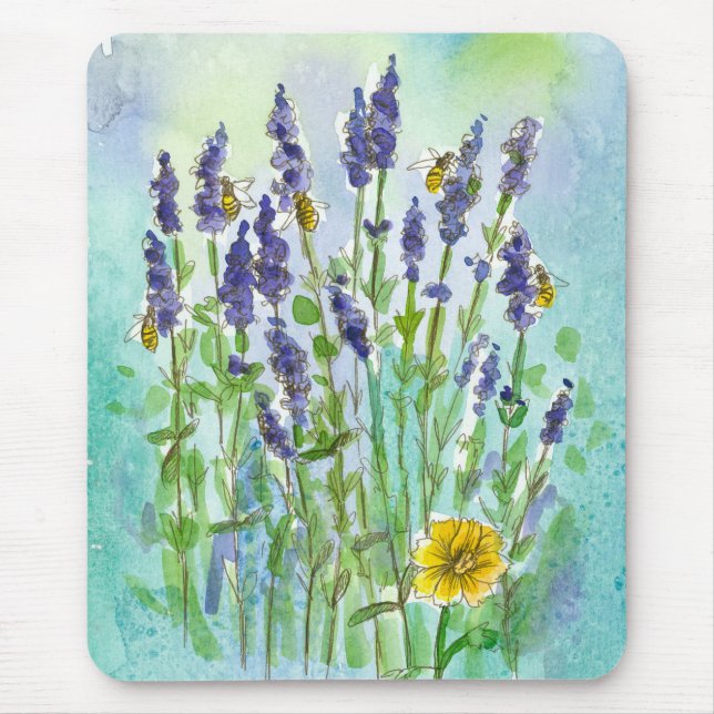 Honey Bees Lavender Watercolor Flowers Blue Mouse Pad (Front)