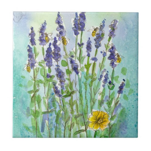 Honey Bees Lavender Watercolor Flowers Ceramic Tile