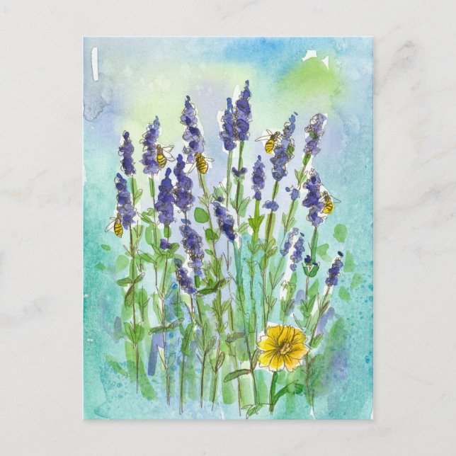 Honey Bees Lavender Watercolor Flowers Postcard (Front)