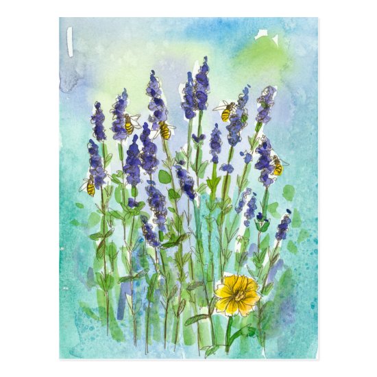 Honey Bees Lavender Watercolor Flowers Postcard