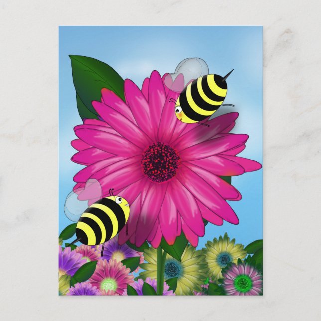 Honey Bees Meeting on Pink Flower Postcard (Front)