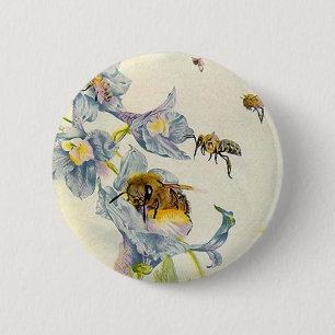 Honey Bees & Morning Glory Flowers EZ2 Customize Pinback Button