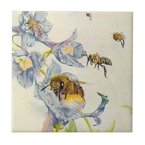 Honey bees  morning glory flowers Pretty Tile