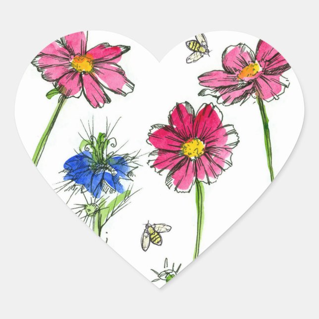 Honey Bees Nigella Pink Cosmos Watercolor Flowers Heart Sticker (Front)
