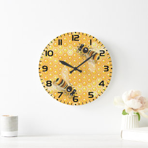 Honey Bees on Bright Honeycomb Pattern Large Clock