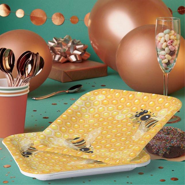 Honey Bees on Bright Honeycomb Pattern  Paper Plates (Creator Uploaded)