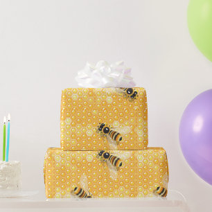 Honey Bees on Bright Honeycomb Pattern Wrapping Paper