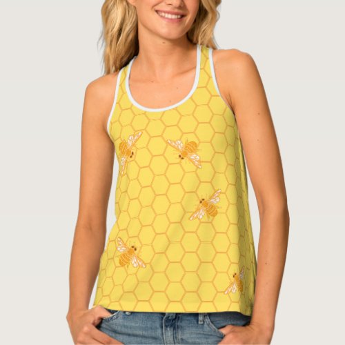 Honey bees on hexagonal comb honey yellow tank top