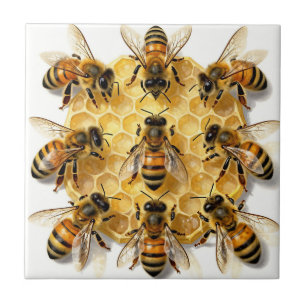 Honey Bees on Hexagonal Honeycomb Circle Ceramic Tile