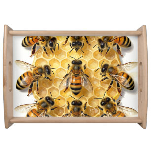 Honey Bees on Hexagonal Honeycomb Circle Serving Tray