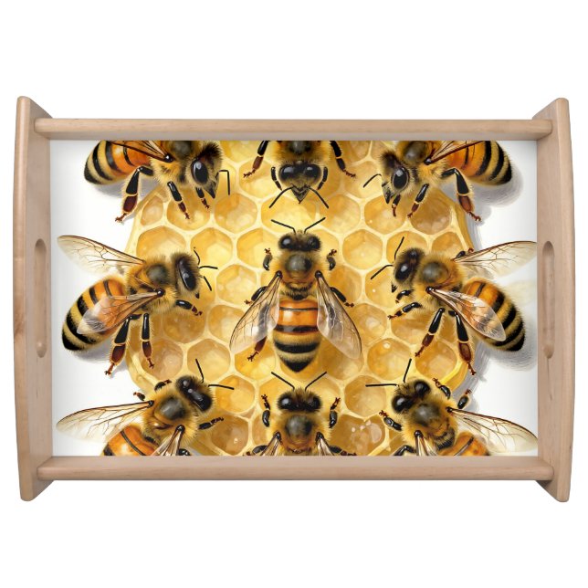 Honey Bees on Hexagonal Honeycomb Circle Serving Tray (Front)