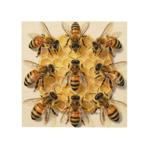 Honey Bees on Hexagonal Honeycomb Circle Wood Wall Art