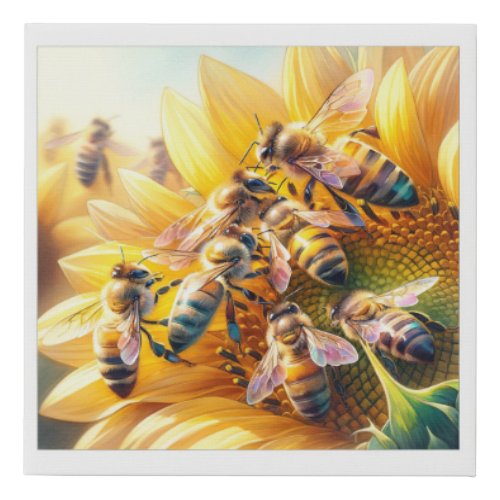 Honey Bees on Sunflower REF197 _ Watercolor Faux Canvas Print