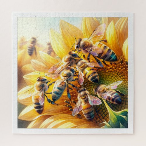 Honey Bees on Sunflower REF197 _ Watercolor Jigsaw Puzzle