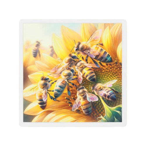 Honey Bees on Sunflower REF197 _ Watercolor Metal Print