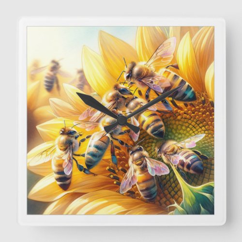 Honey Bees on Sunflower REF197 _ Watercolor Square Wall Clock