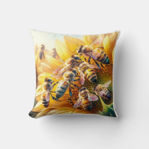 Honey Bees on Sunflower REF197 _ Watercolor Throw Pillow