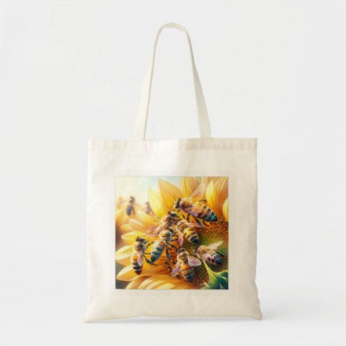 Honey Bees on Sunflower REF197 _ Watercolor Tote Bag