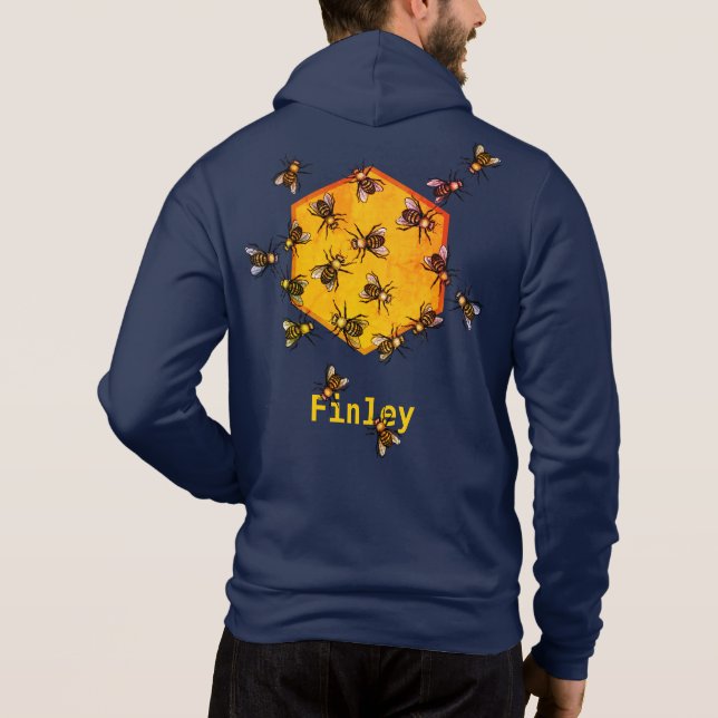 Honey bees • Orange and Navy blue • Custom Name Hoodie (Back)