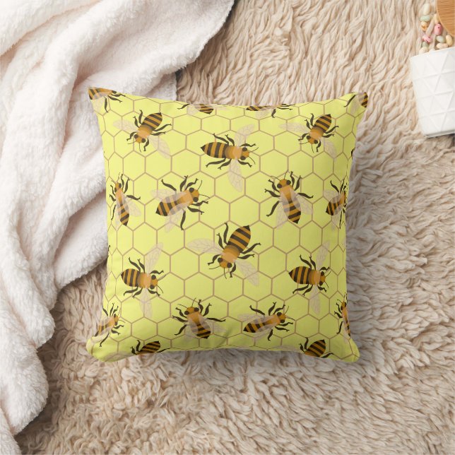 Honey Bees Pattern, Yellow Background Throw Pillow (Blanket)