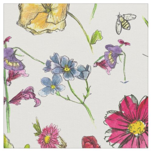 Honey Bees Plants Watercolor Flowers Fabric