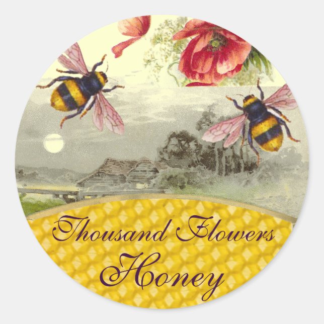 HONEY BEES,RED POPPIES RUSTIC LANDSCAPE BEEKEEPER CLASSIC ROUND STICKER (Front)
