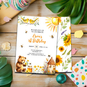 Honey Bees Teddy Bear 1st Birthday Invitation