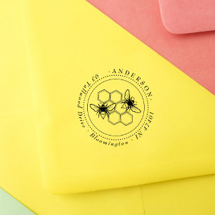 Honey Bees Vintage Elegant Round Return Address Rubber Stamp