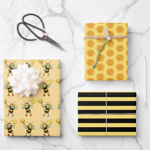 Honey bees with heart  honeycomb pattern wrapping paper sheets