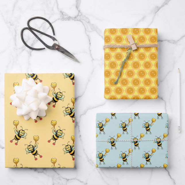 Honey bees with heart & honeycomb pattern wrapping paper sheets (Front)