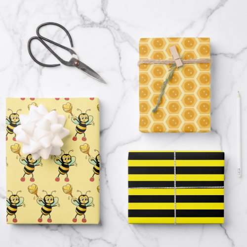 Honey bees with heart  honeycomb pattern wrapping wrapping paper sheets