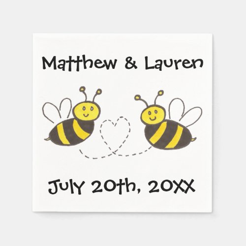 Honey Bees with Heart on White with Name and Date Paper Napkins