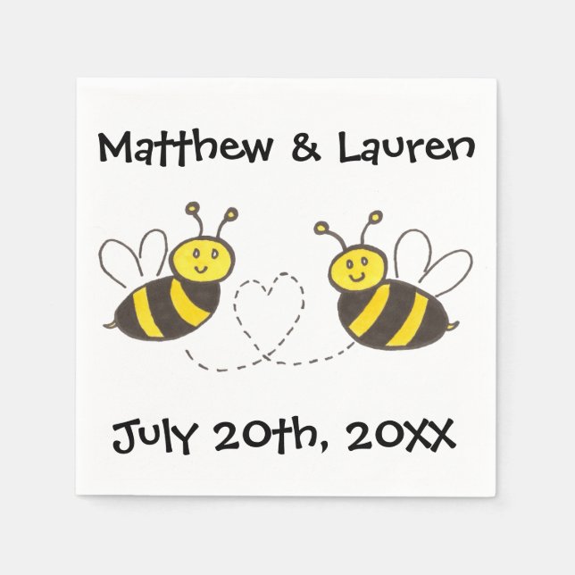 Honey Bees with Heart on White with Name and Date Paper Napkins (Front)