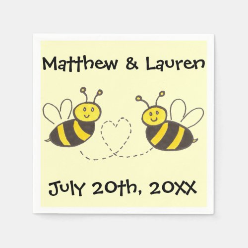 Honey Bees with Heart on Yellow with Name Date Paper Napkins