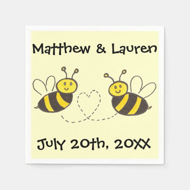 Honey Bees with Heart on Yellow with Name Date Paper Napkins (Front)
