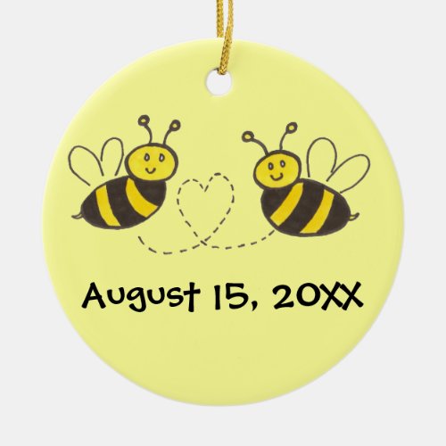 Honey Bees with Heart with Names and Date Ceramic Ornament