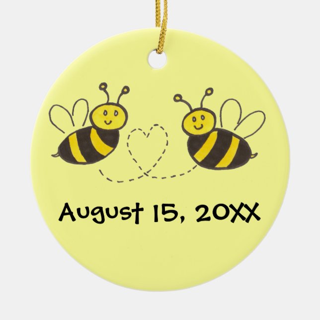 Honey Bees with Heart with Names and Date Ceramic Ornament (Front)