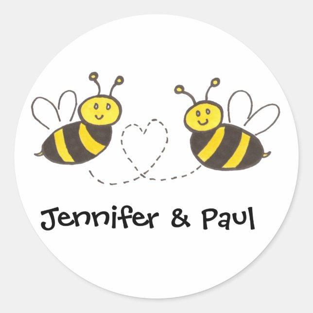 Honey Bees with Heart with Personalized Names Classic Round Sticker (Front)