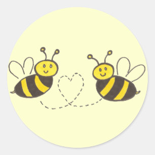 Honey Bees with Heart Yellow Background Classic Round Sticker